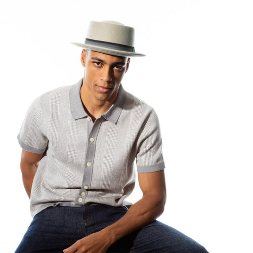 Bailey 1922 Klaxon pork pie hat in grey wool felt with striped band